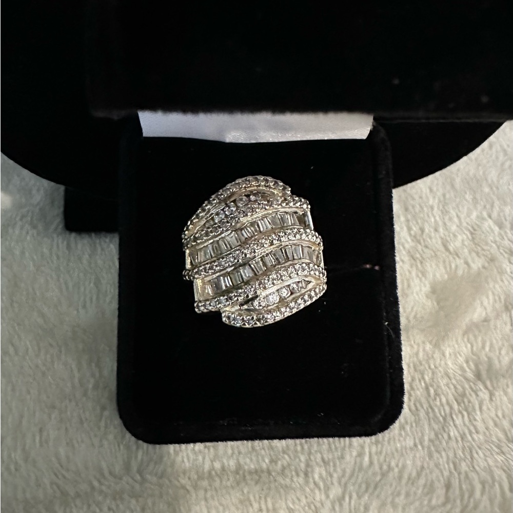 Large Diamonique Cocktail Ring. Baguettes and Rounds Set in Sterling. Size 8.